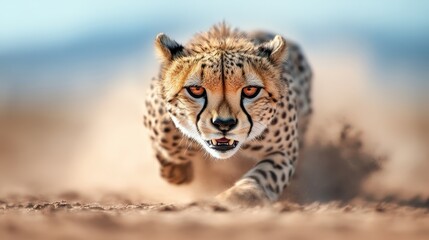 A fierce cheetah captures attention as it runs with intensity, showcasing its powerful muscles and piercing gaze, embodying the essence of wildness and nature's beauty.