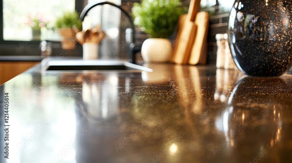 Poster of a shiny, clean kitchen counter with a few decorative items placed neatly on it.