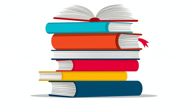 Colorful stack of books with open book on top, perfect for cozy reading atmosphere. Ideal for promoting literacy and book clubs