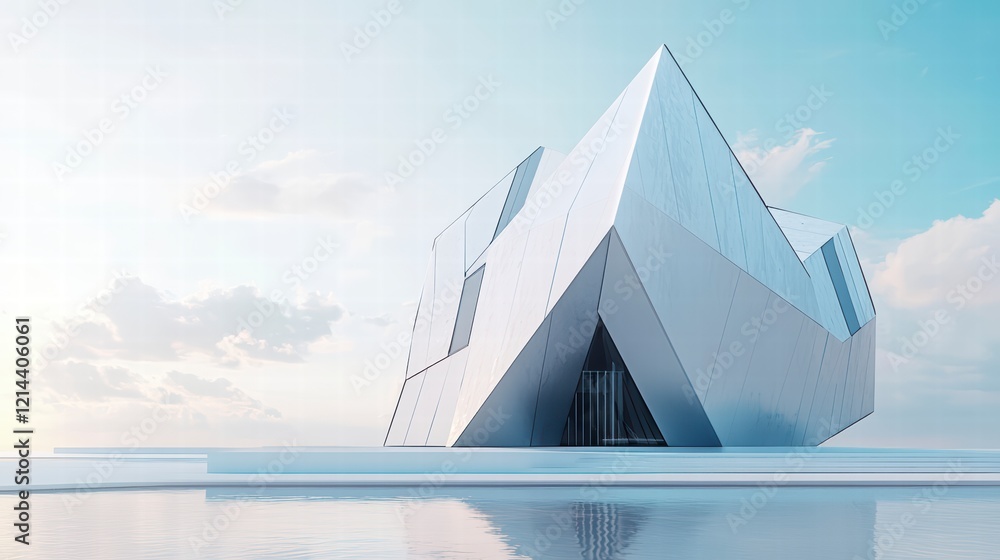 Poster modern architectural marvel: a striking, angular modern building with a geometric design stands agai