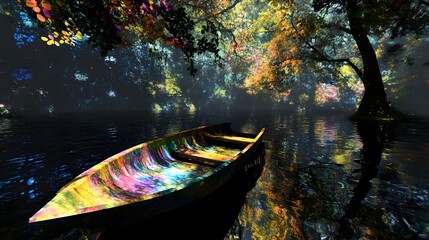 Obraz premium Colorful Rowboat on a Dreamlike River in Autumn Woods