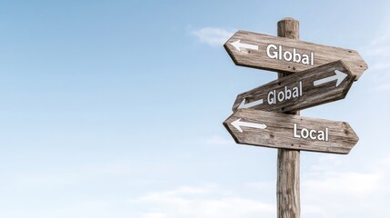 Wooden signpost showing global and local directions against a clear sky.  Business concept image