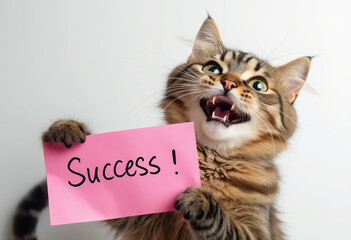 Compliment, congratulations and praise message. Cat showing banner with text " Success ".  Expression of gratefulness, motivation, appreciation.