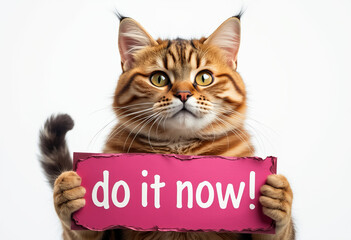 " Do it now " : urgent message shown by cute cat. Motivation, invitation to quick action.