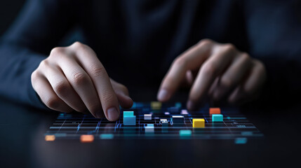 A pair of hands manipulating colorful blocks on a grid, suggesting strategic gameplay or digital interaction in a low-light environment.