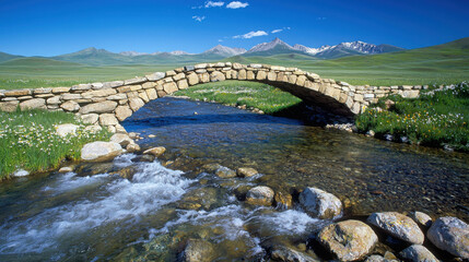 Rustic Stone Bridge Spanning Crystal Clear Stream in Mountain Landscape