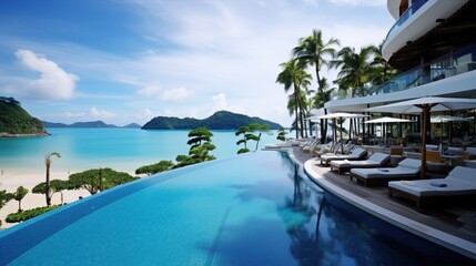 Obraz premium Gorgeous Infinity Pool Offering a Breathtaking View of the Calm and Serene Ocean. Luxury resort paradise