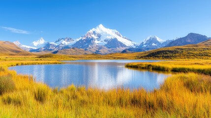 Obraz premium Autumnal lake reflecting snow-capped mountains (1)