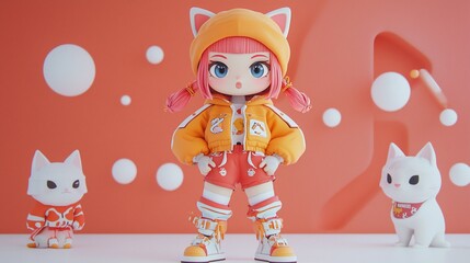 Fototapeta premium Cute 3D rendered girl with cats.