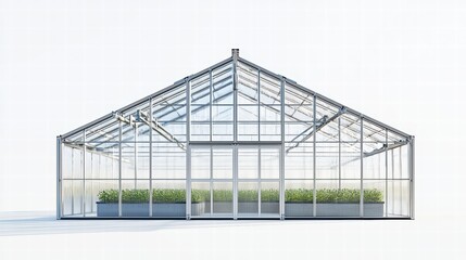 Fototapeta premium Modern Greenhouse Design: A sleek, minimalist greenhouse with a gable roof and large glass panels, showcasing rows of neatly planted greenery inside.