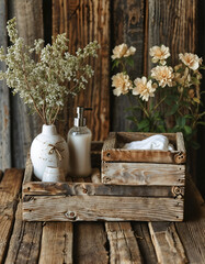 Rustic Bathroom Organizer: A charming rustic wooden organizer holds soap dispenser, lotion bottle, and a small vase of dried flowers and fresh blooms against a backdrop of aged wooden planks.