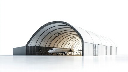 Private Jet Hangar: A sleek private jet sits within a spacious hangar,  protected by a towering arched structure.  A symbol of luxury travel and aviation.