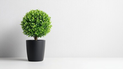 Fototapeta premium Small potted plant on white surface against white wall; home decor, website banner