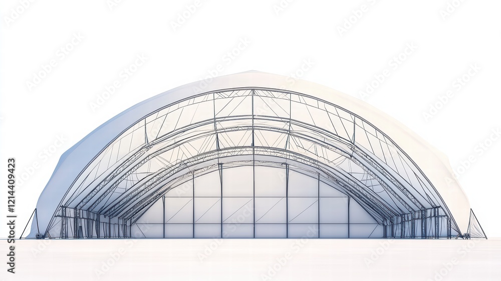 Poster architectural design: a large-scale architectural rendering showcases a modern, arched hangar struct