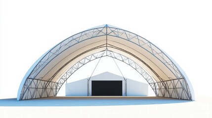 Arched Structure: An architectural rendering showcasing a large, modern, white tent-like structure with an arched design, a strong steel frame, and a dark entrance. This temporary, modular.