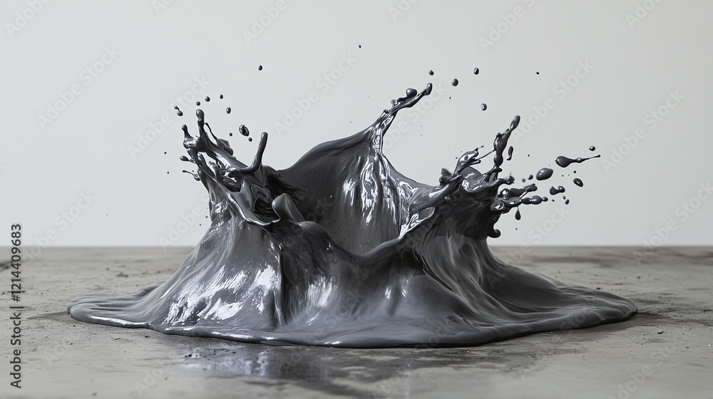 Poster dynamic splash of gray liquid creating an artistic form on a flat surface. generative ai