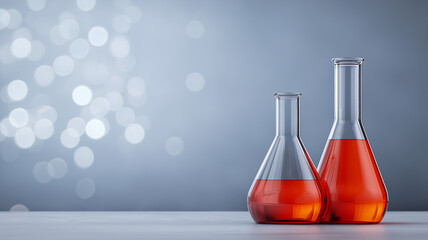 Laboratory glassware with red liquid, showcasing scientific experimentation and innovation. blurred background adds modern touch to scene