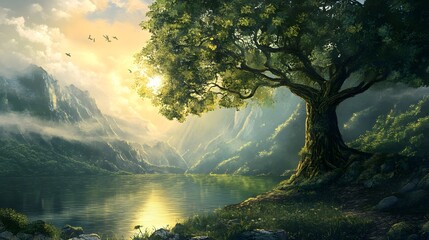 Majestic Mountain Lake  Sunrise  Tree  Tranquil Scene