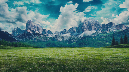 Obraz premium Majestic mountain range under a vibrant sky, overlooking a lush green meadow.