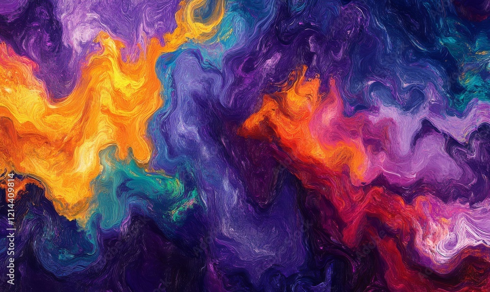 Poster colorful, swirling, and abstract image with a purple hue. the image is a representation of a rainbow