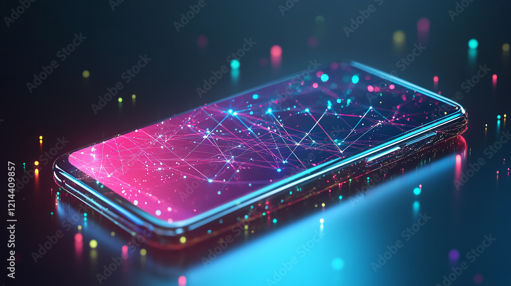 Poster futuristic smartphone with glowing network design and digital connections