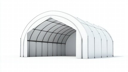 Arched Tent Structure: An industrial-style tent structure with a wide arched opening, perfect for storage, events, or temporary shelter.