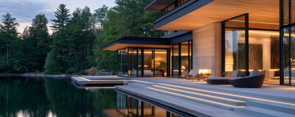 Fototapeta premium Contemporary waterfront luxury home with sleek glass design, surrounded by nature. This stunning property features modern architecture and serene outdoor spaces