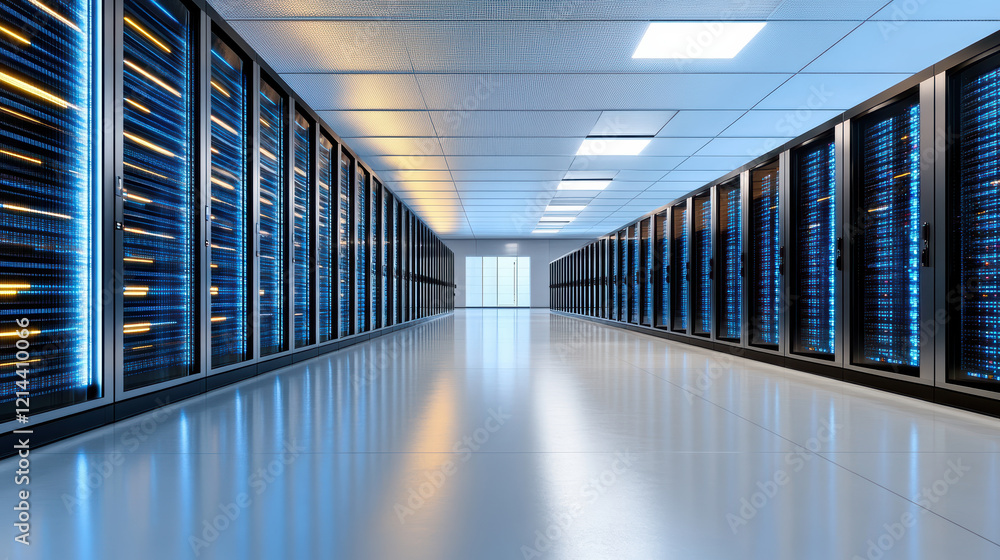 Poster high tech data center with renewable energy solutions and server racks