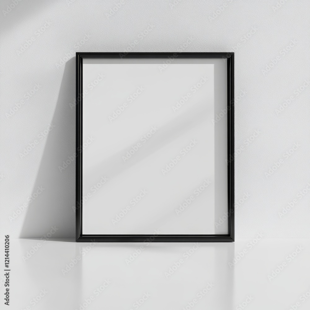 Poster empty black frame on minimal white background for art display