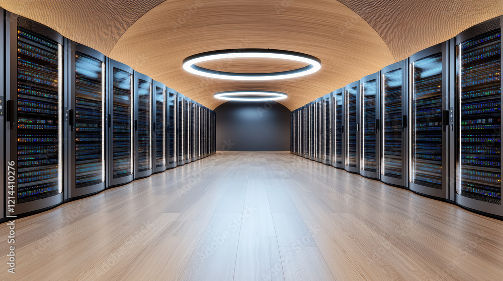 Poster modern data center with diverse server types and sleek design