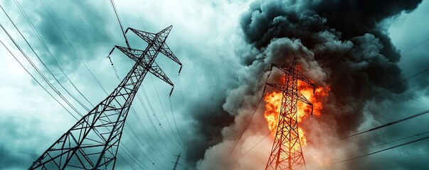 A dramatic scene featuring power lines amidst a fiery explosion and dark storm clouds, illustrating the chaos of nature and technology.