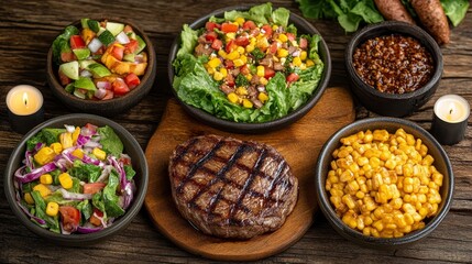 Exquisite Asian Fusion Cuisine Displayed on a Wooden Table, Featuring Steak and Salad in Ceramic Plates, Surrounded by Candles for a Warm and Elegant Dining Ambience.