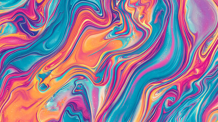 Abstract vibrant swirls: turquoise, orange, pink, and purple hues blend.