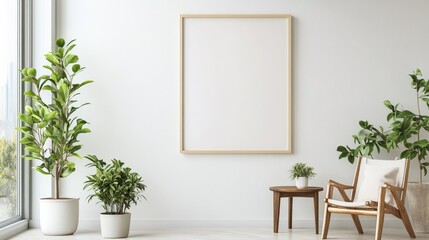 Modern Minimalist Living Room with Plants and Blank Frame Decor