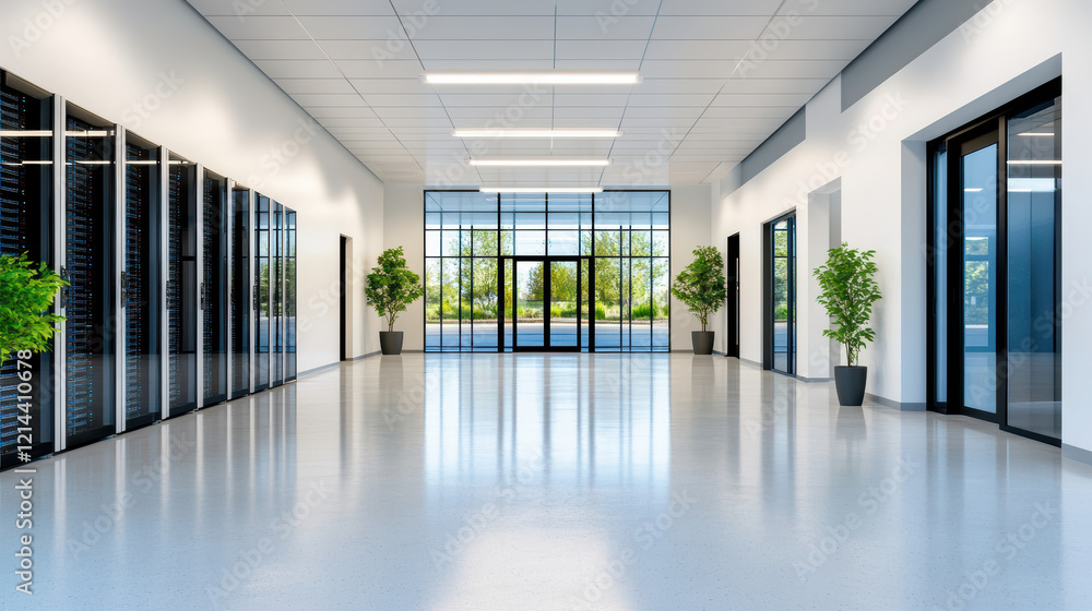Poster modern data center hallway with collaborative workspace and greenery