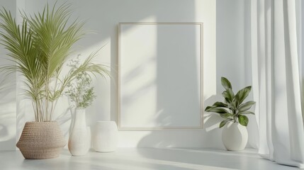 Bright Minimalist Interior with Plants and Empty Frame for Artwork