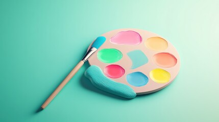 Pastel paint palette with brush on teal background