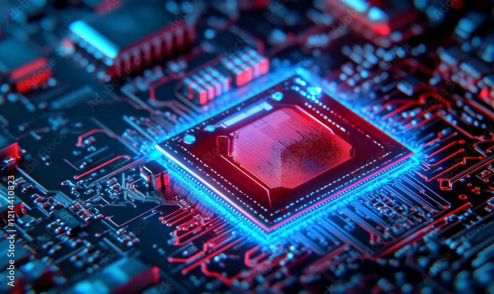 Poster computer chip with a lock on it. the lock is surrounded by a blue and red glow