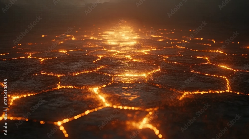 Poster lava flows create mesmerizing patterns on the volcanic ground during twilight in a remote landscape.