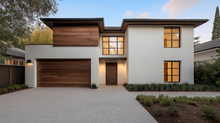 Modern eco friendly smart home exterior with sleek design and natural materials, featuring large windows and wooden garage door, surrounded by greenery