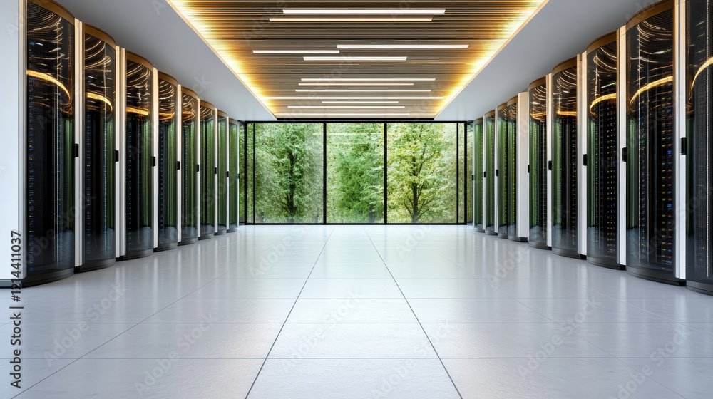 Poster modern data center showcasing cloud computing infrastructure with greenery outside