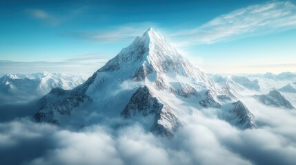 A breathtaking snowy mountain peak emerges through soft clouds, representing tranquility and the beauty of nature while evoking a sense of peace and introspection.