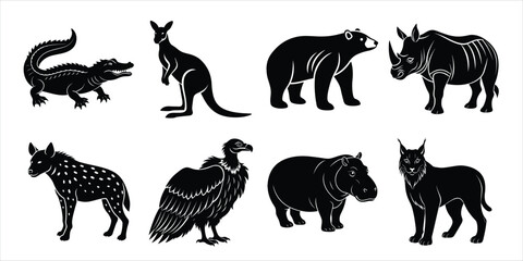 Fototapeta premium Wild animals silhouette set. Wildlife animals vector illustration