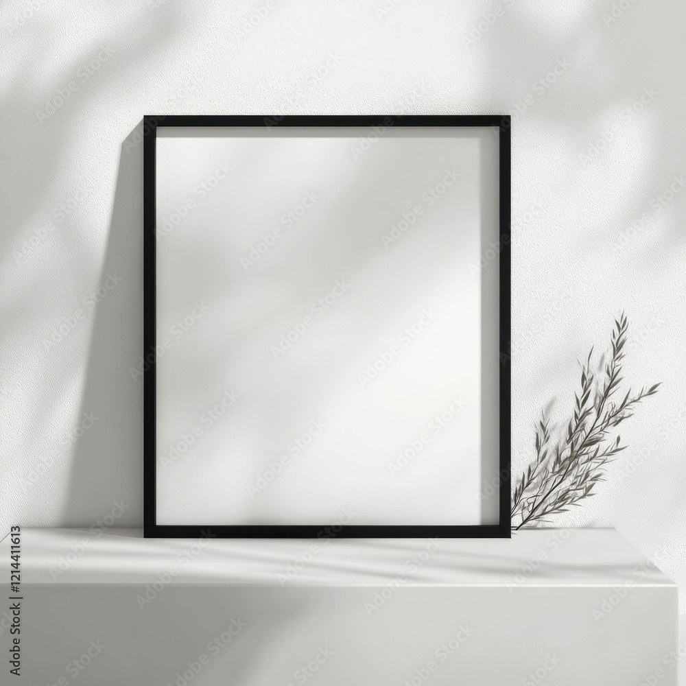 Poster minimalistic photo frame with blank canvas and greenery accent