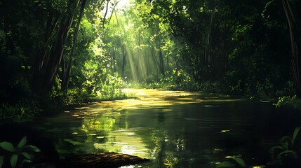 Fototapeta premium Sunlit Forest River Lush Green Trees Tranquil Nature Scene