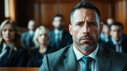 This powerful image shows a man with an intense gaze in a courtroom, representing strong emotions as he reflects on a pivotal moment surrounded by others.