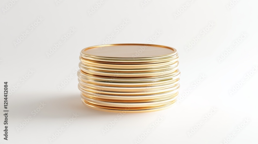 Poster golden round platforms stacked together, creating an elegant and luxurious display stand on a white 