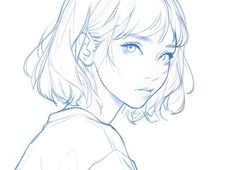 Pensive girl, short hair, sketch style, white background