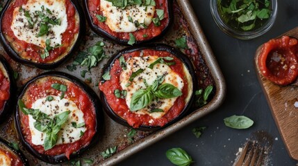 Low-carb eggplant lasagna layered with marinara sauce, ricotta cheese, and fresh basil, baked to golden perfection