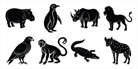 Fototapeta premium Wild animals silhouette set. Wildlife animals vector illustration